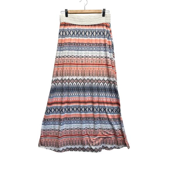 Vanity Dresses & Skirts - Vanity Maxi Skirt L Boho Tribal Aztec Print Peach Blue White Stretch Waist 45”